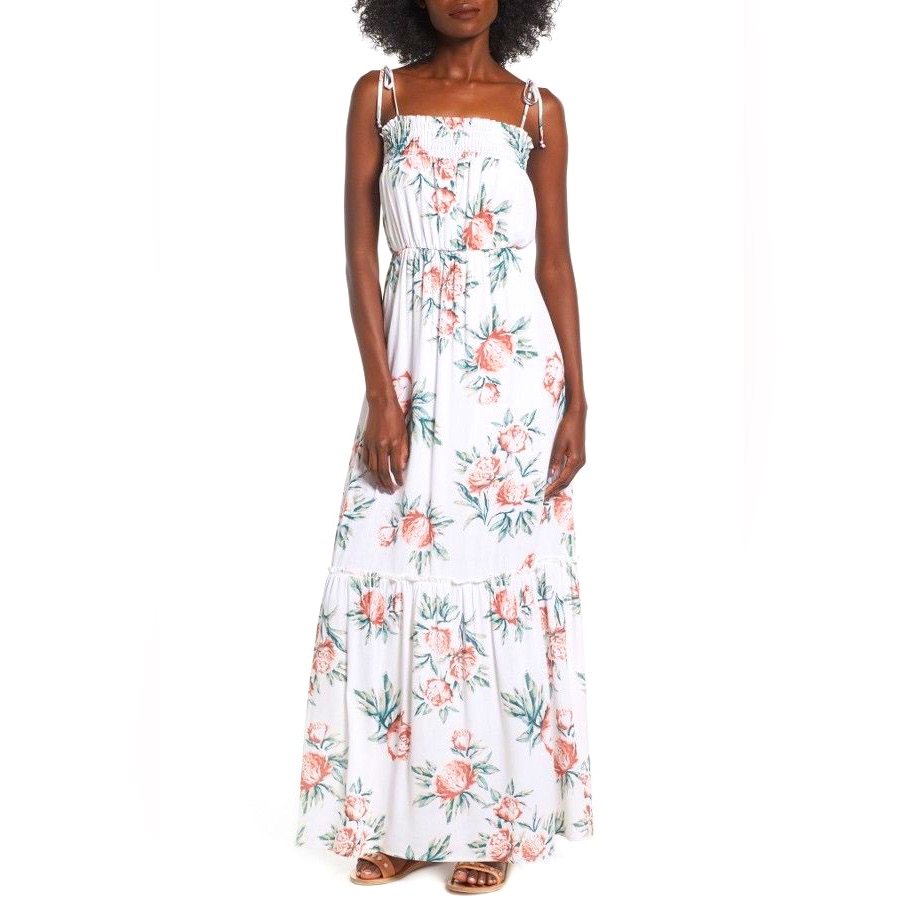Dee Elly Peony Print Smocked Neck Bow-Tied Strap Maxi Dress